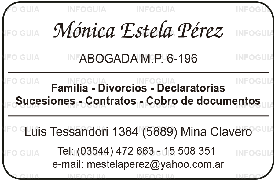 legales abogada Monica E Perez - Familia, declaratoria de herederos, sucesiones, usucapión, contratos y cobros de documentos. legales abogada Monica E Perez - Familia, declaratoria de herederos, sucesiones, usucapión, contratos y cobros de documentos.
