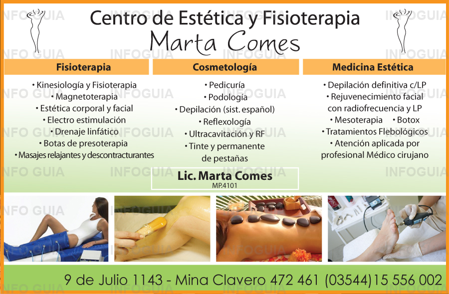 Centro de Estética y Fisioterapia Marta Comes Mina Clavero - Lic. Marta Comes MP. 4101 - Fisioterapia, Cosmetología y Medicina Estética. Centro de Estética y Fisioterapia Marta Comes Mina Clavero - Lic. Marta Comes MP. 4101 - Fisioterapia, Cosmetología y Medicina Estética.