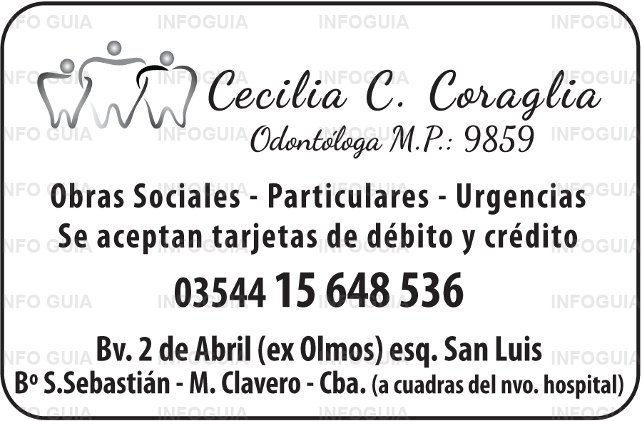 Odontóloga Cecilia C. Coraglia - Consultorio Odontológico Integral: Obras Sociales - Particulares - Urgencias. Se aceptan tarjetas de crédito y débito. Odontóloga Cecilia C. Coraglia - Consultorio Odontológico Integral: Obras Sociales - Particulares - Urgencias. Se aceptan tarjetas de crédito y débito.