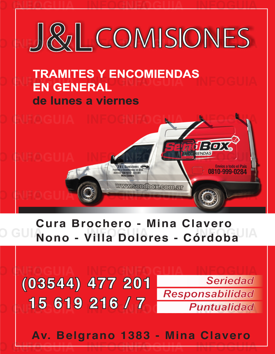 Comisiones J&L - Traslasierra - Comisiones - trámites y encomiendas en general - Villa Cura Brochero - Mina Clavero - Nono - Córdoba. Representante oficial de sendbox, encomienda segura a todo el país.