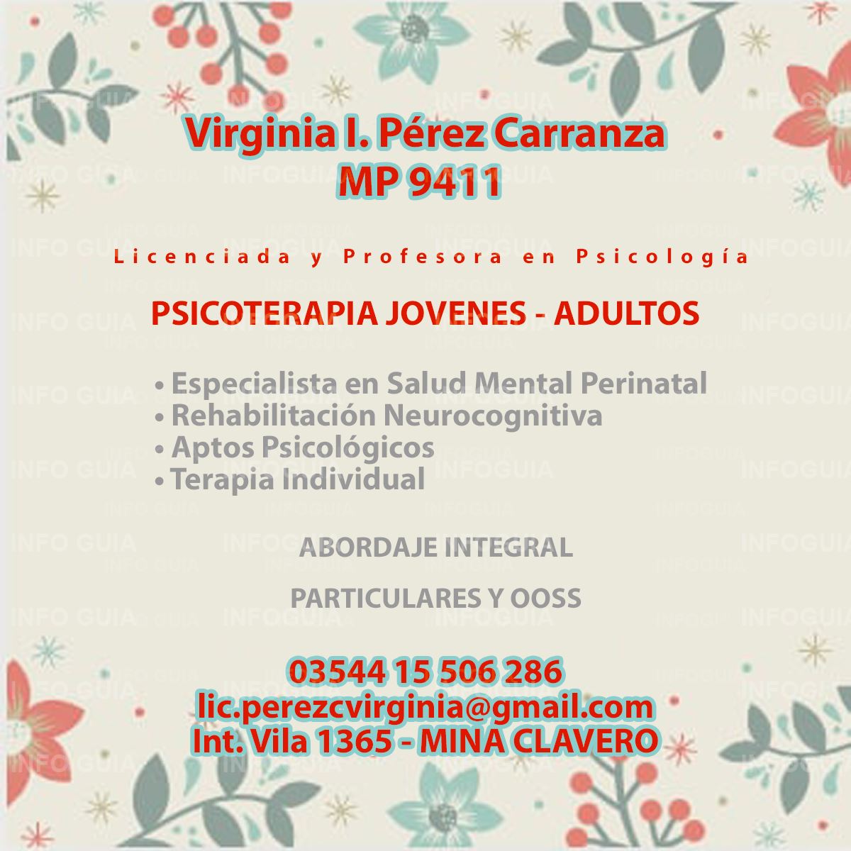 Psicóloga Virginia Pérez Carranza - InfoGuia Traslasierra - Lic. en Psicología.  Psicoterapia adultos, adolescentes, niños - Orientación vocacional - Trastornos de ansiedad.  Apto psicológico para licencia de conducir. Discapacidad.