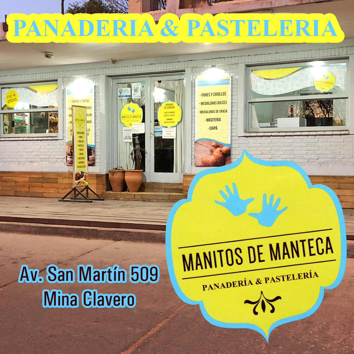 Manitos de Manteca - Mina Clavero - Panaderia y pastelería. Exclusivos alfajores. Grisines, libritos, medialunas saladas y dulces, prepizzas, café al paso.