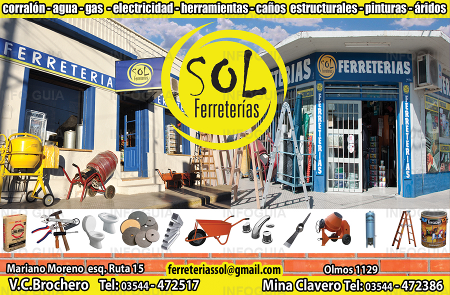 Ferretería Sol SRL - Corralón, agua, gas, electricidad, herramientas, caños, estructurales, pinturas, sucursal en Mina Clavero y Cura Brochero.