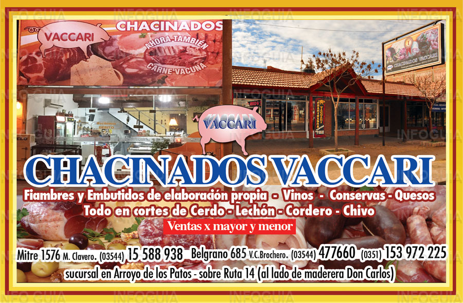 Chacinados Vaccari - Mina Clavero - V.C.Brochero - A. de los Patos - Fiambres y embutidos de elaboración propia, vinos, conservas, quesos, todo en cortes de cerdo, lechón, cordero, chivo. Chacinados Vaccari - Mina Clavero - V.C.Brochero - A. de los Patos - Fiambres y embutidos de elaboración propia, vinos, conservas, quesos, todo en cortes de cerdo, lechón, cordero, chivo.