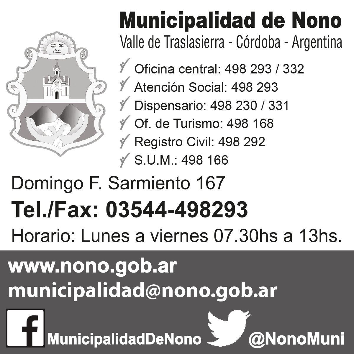 Municipalidad de Nono - Valle de Traslasierra, Córdoba, Argentina, oficina central, acción social, dispensario, of. de turismo, registro civil, S.U.M.